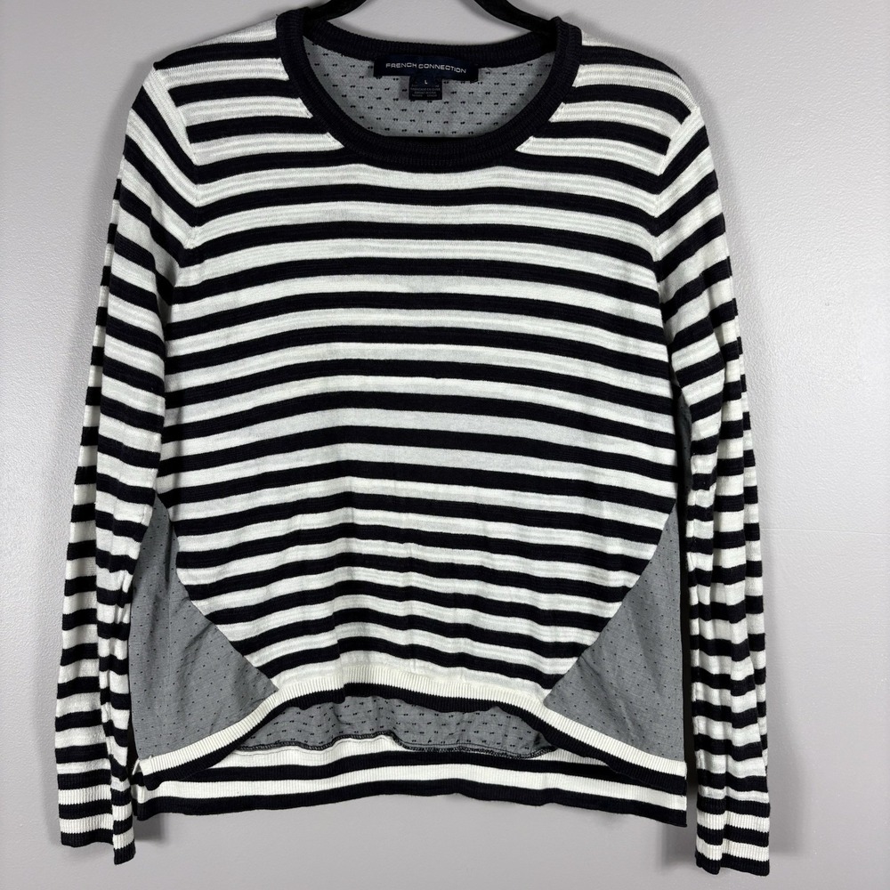 French Connection Women's Large Black White Striped Long‎ Sleeve Pullover Shirt